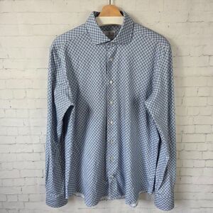 Emanuel Berg Modern Fit Dress Shirt Size L 16.5 Blue Geometric Soft Button Up